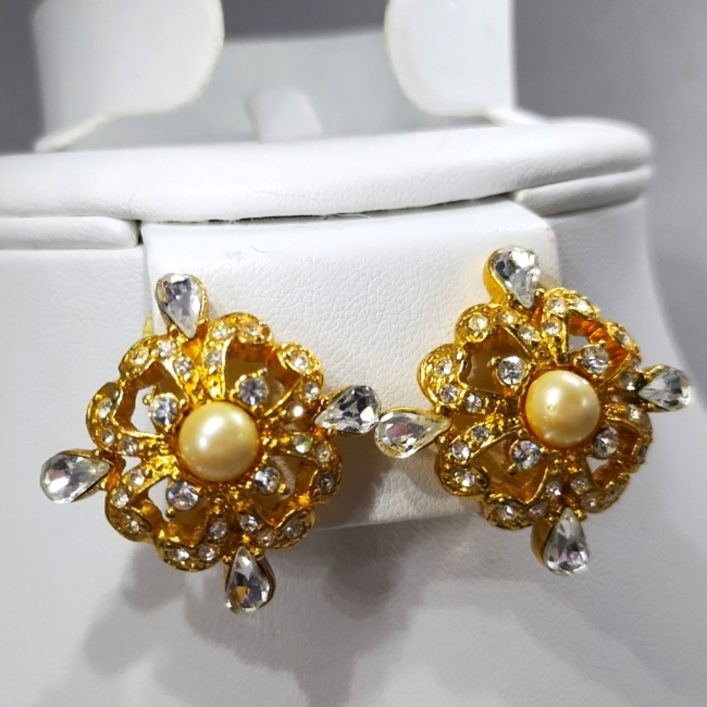 Vintage Flower Star Shaped Faux Pearl Rhinestone Clip On Earrings Art Deco